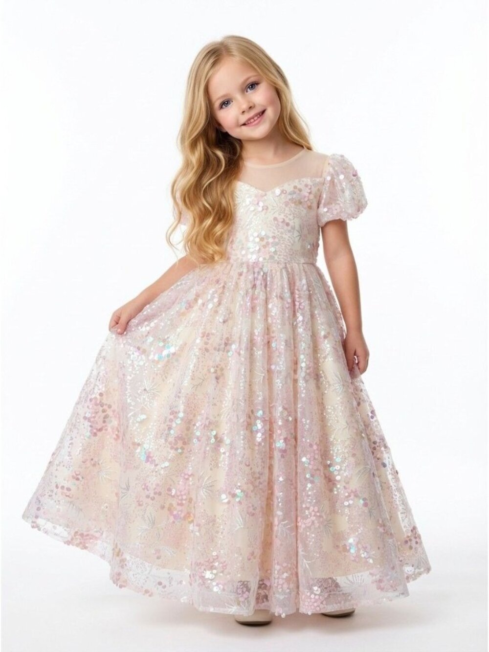 Girls Blush Pink Sequin Princess Dress Party Gown